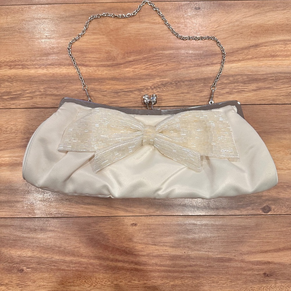 Elegant Ivory Satin Bow Clutch by PinkStix with Beaded Detail